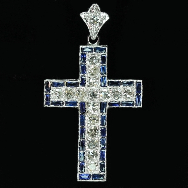 Art Deco platinum diamond cross with sapphires